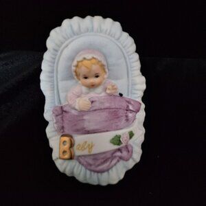 Enesco Growing up Ceramic Blond Baby Girl In Carrier Basket Porcelain Figurine